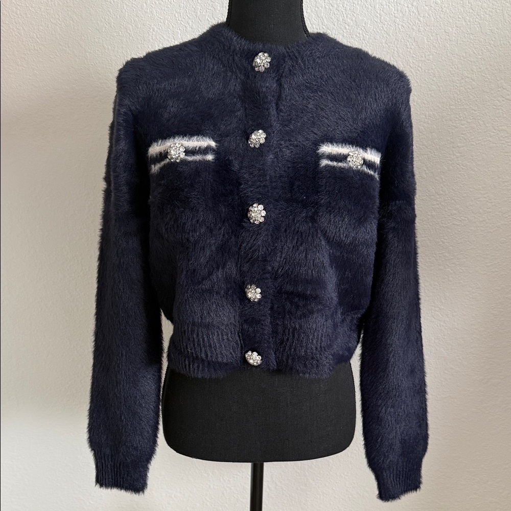 J. Crew Navy Teddy Lady Jacket with Crystal Buttons